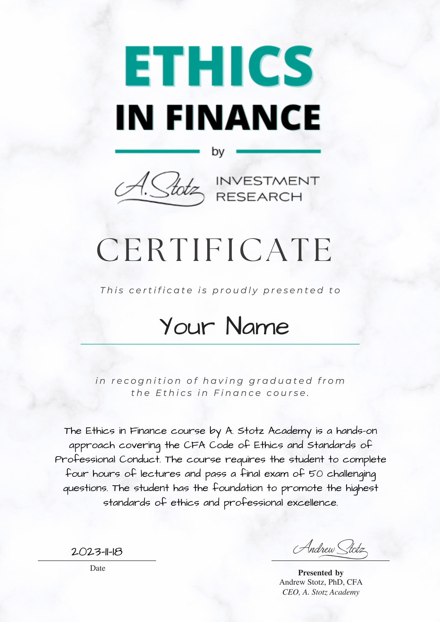 Ethics in Finance certificate